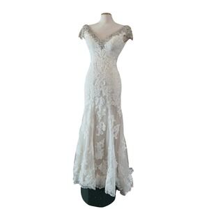 Beaded Lace Mermaid‎ Wedding Dress V-Neck Cap Sleeve Low Back Bridal Gown White